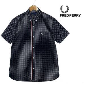 ★1円〜 美品 FRED PERRY フレッドペリー 前立ストライプ ドット柄 ボタンダウン 半袖シャツ Lサイズ★