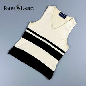 RALPH LAUREN ラルフローレン シルク混Vネックランダムボーダーノースリーブトップス レディース ベージュ 黒 ブラック サイズM*KC905