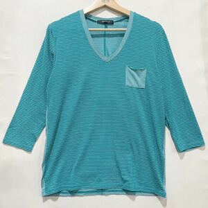 美品! ABAHOUSE (アバハウス) ボーダー Vネック 七分丈 Tシャツ (3) S.BLUE WHITE | Mens メンズ ブルー ホワイト ポケット付き M