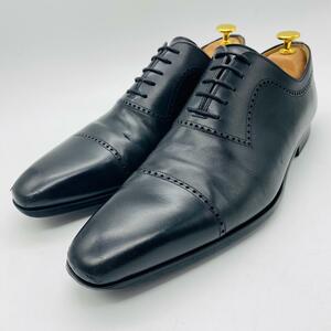 【希少】MAGNANNI マグナーニ ホールカット ブローグ 内羽根 黒 ブラック 42 26cm 革靴 ロングノーズ シボ加工 型押し パンチドキャップ