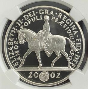 ☆高鑑定人気の馬上のエリザベス☆2002 ゴールデンジュビリー5ポンド銀貨 NGC PF 69 ULTRA CAMEO