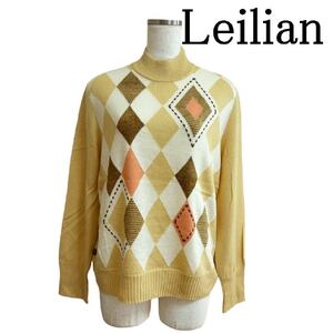 Leilian（レリアン）レディース　セーター　ハイネックニット　アーガイルチェック　長袖セーター　13号　イエロー