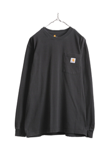 カーハート ポケット付き 長袖 Tシャツ メンズ M / 古着 CARHARTT ロンT ワンポイント ポケT ロゴT ヘビーウェイト クルーネック ワーク 黒