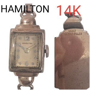 127-3 HAMILTON ハミルトン 14K GOLD レディース 腕時計 手巻き スクエア ヴィンテージ アンティーク 不動