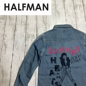 【HALFMAN】ハーフマン バックプリント ロングデニムシャツ レディース Sサイズ