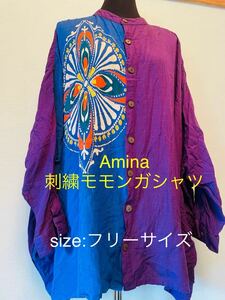 ユニセックス/Aminaモモンガシャツ 刺繍/アジアン/フリーサイズ/レーヨン/麻/280924-011