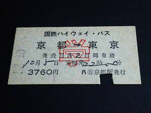 【[学割]バス乗車券(A型)】　国鉄ハイウエイバス（京都→東京）　S52.10.4　[青地紋]