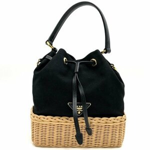 【美品】PRADA プラダ かごバッグ ハンドバッグ 巾着 トライアングルロゴ ブラック キャンバス ラタン レディース 春 夏 ファッション USED