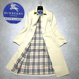 1円～ BURBERRY BLUE LABEL 　バーバリーブルーレーベル ロングコート ステンカラーコート マキシ丈 Aライン 比翼 ノバチェック 白