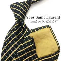 【美品】Yves Saint Laurent ネクタイ 格子 光沢 ブラック 金