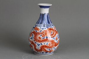 【久】3723 在銘　青花釉裏紅龍紋花瓶　時代品　　唐物　中国美術　