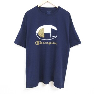 XL/古着 チャンピオン Champion 半袖 ブランド Tシャツ メンズ ビッグロゴ 大きいサイズ ロング丈 クルーネック 紺 ネイビー