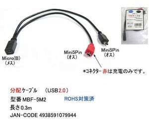 USB2.0 分配ケーブル MicroB メス ⇔ MiniB 5Pin オス x2 30cm UC-MBF-5M2