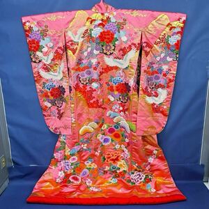 極上 ■相良刺繍■ 中国三大刺繍 桜 鶴 松 豪華 花柄 刺繍 身丈約193cm 打掛 婚礼 和装 衣装 挙式 前撮り ブライダル 結婚式 ②