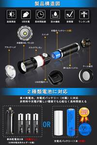 　LED懐中電灯 USB充電&2種類電池対応