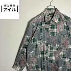 『柄シャツ　総柄　幾何学　ビンテージ　グリーン　メンズ　古着』