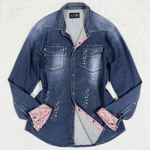 美品/アルマーニジーンズ ARMANI JEANS 長袖デニムシャツ ロゴタグ ロゴプリント ペイント ペイズリー柄 ストレッチ インディゴブルー M AJ