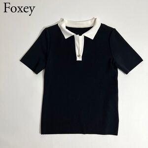 美品 FOXEY BOUTIQUEフォクシーブティックニットブラウス　トップスセーター　セレナ　半袖　襟ビジューボタン　38レディース