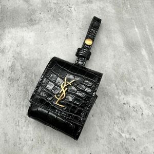 美品● Yves Saint Laurent イヴサンローラン Saint Laurent サンローラン AirPodsケース ブラック クロコ YSL ゴールドロゴ レディース