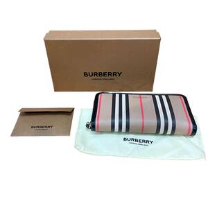 BURBERRY バーバリー ラウンドファスナー 長財布 PVC レザー ストライプ