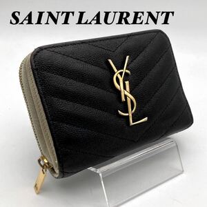 イヴ・サンローラン　財布　ラウンドジップ　YSL 二つ折り ミニ財布 ブラック