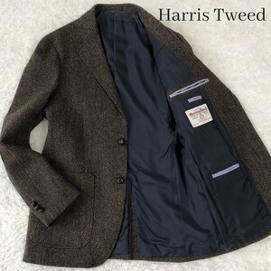 美品 Harris Tweed ハリスツイード テーラードジャケット L ヘリンボーン 総柄 くるみボタン クルミ ロゴ ブラウン ウール 牛革 レザー