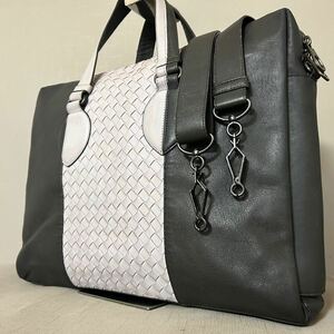 【美品】BOTTEGA VENETA ボッテガヴェネタ ビジネスバッグ ブリーフケース 2way メンズ ビジネス イントレチャート レザー グレー系 書類鞄