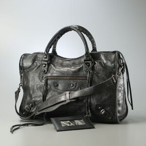 TI3148▲BALENCIAGA/バレンシアガ 115748 ザ・シティ レザー/本革 スタッズ ハンドバッグ/ショルダーバッグ 2way ミラー付き 鞄 ブラック系