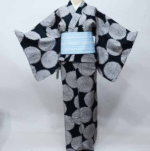 浴衣 単品 女性用 変わり織り フリーサイズ 158-168cm 綿85％ 麻15％ 菊 黒地に生成りがかったグレー 新品（株）安田屋 NO40482