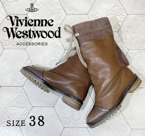 ◆定価64,800円 ヴィヴィアンウエストウッド【Vivienne Westwood】山羊革×牛革 ミドル丈 ゴートレザー ウィッチブーツ 茶◆