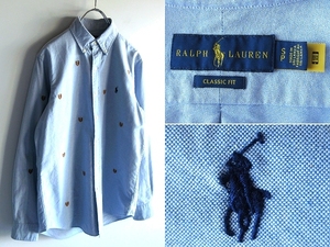 ネコポス対応 RALPH LAUREN ラルフローレン 総エムブレム刺繍 ポロポニーロゴ刺繍 オックスフォード BDシャツ S サックスブルー 近年モデル