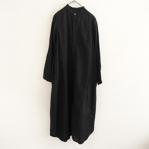 ネストローブ nest Robe *リネンバンドカラーシャツワンピース*黒ブラック長袖麻無地ロング(33-2412-111)【40A52】