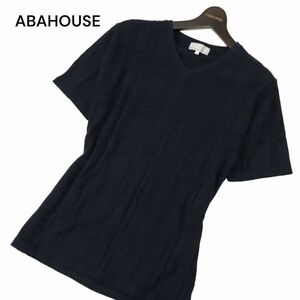 ABAHOUSE アバハウス 春夏 Vネック★ 半袖 ジャガード チェック カットソー Tシャツ Sz.48　メンズ ネイビー　C4T04611_5#D