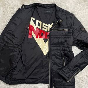 美品 L相当●DIESEL ディーゼル シングルライダース ナイロン ジャケット ブラック 黒 キルティング ブレイブマン ワッペン 裏地プリント