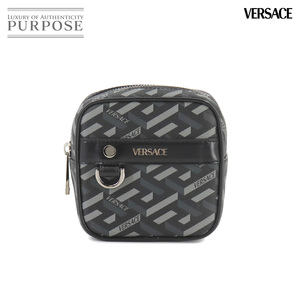 未使用 展示品 ヴェルサーチェ VERSACE ラグレカ スクエア ポーチ PVC レザー ブラック グレー La Greca Pouch 90247146