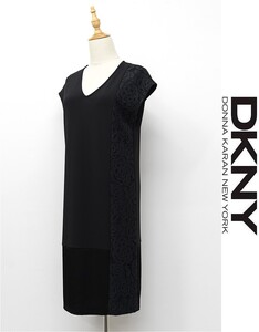 R-A357/美品 DKNY ノースリーブワンピース ドレス ひざ丈 レース 生地切替 Vネック ストレッチ S 黒