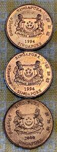 ● 【中古】シンガポール共和国　1セント硬貨3枚、1994年2枚、2000年1枚　コイン、現在、発行無しだが有効