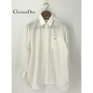 A9743/美品 春夏 Christian Dior クリスチャンディオール コットン ストライプ 長袖 ドレス カッター Yシャツ L程 白 メンズ スーツ用