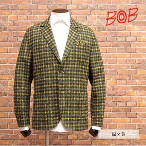 秋冬/BOB/52サイズ/アンコン ジャケット ウール混ブークレーニット チェック柄 レトロ お洒落 イタリア製 新品/緑×黄/jb267/