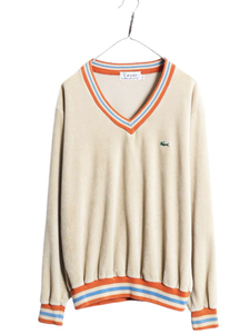 70s ラコステ Vネック ベロア トップ L 小さめ メンズ S レディース M 程 古着 ヴィンテージ IZOD LACOSTE 糸巻タグ ワンポイント チルデン