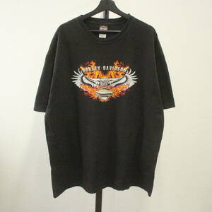 h335 2008年製ビンテージ ハーレーダビッドソン 半袖プリントTシャツ■00s 表記2XLサイズ ブラック 黒 ファイヤー イーグル アメカジ 古着