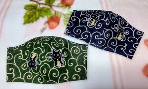 ハンドメイド★和風古風な唐草模様の猫さん立体マスク2枚セット