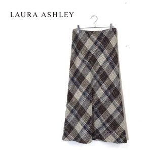 1N1931-O-N◆良品◆ Laura Ashley ローラアシュレイ フレアスカート チェック ロング ツイード ◆size11 ウール ブラウン