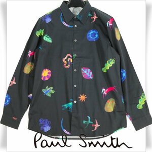 未使用1円～★定価1.9万 ポールスミス Paul Smith 1点もの コットン綿 長袖 プリント カジュアルシャツ M ブラック 本物 ◆4302◆