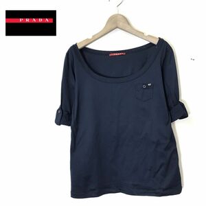 R1139-D-S◆美品◆ ポルトガル製 PRADA SPORT プラダスポーツ 半袖カットソー Tシャツ 胸ポケ レディース◆ sizeM ネイビー 紺 コットン