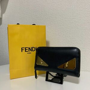 美品　FENDI フェンディ　モンスター　ラウンドファスナー ジッピーウォレット 長財布 ブラック　ゴールド金具