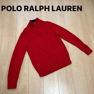 美品　 POLO RALPH LAUREN ポロ ラルフローレン　14-16 キッズ　 L ニット セーター　ハーフジップ　160センチ位　赤　レッド　刺繍ロゴ