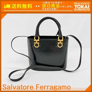 ★DE02 [送料無料/中古品] フェラガモ Salvatore Ferragamo ダブルガンチーニ レザー 2way ショルダーバッグ ブラック