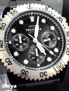 新品 テクノス TECHNOS 正規品 腕時計 アナログ腕時計 クオーツ クロノグラフ ラバーベルト 10気圧防水 回転ベゼル ブラック プレゼント