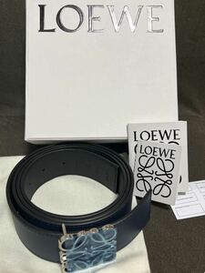 新品　LOEWE ロエベ アナグラム リバーシブル ベルト ネイビー シルバー金具 サイズ　115 両面使用　黒　ネイビー　4cm